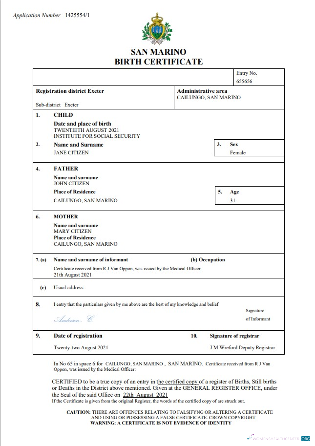 Download San Marino birth certificate Word and PDF template Photoshop template